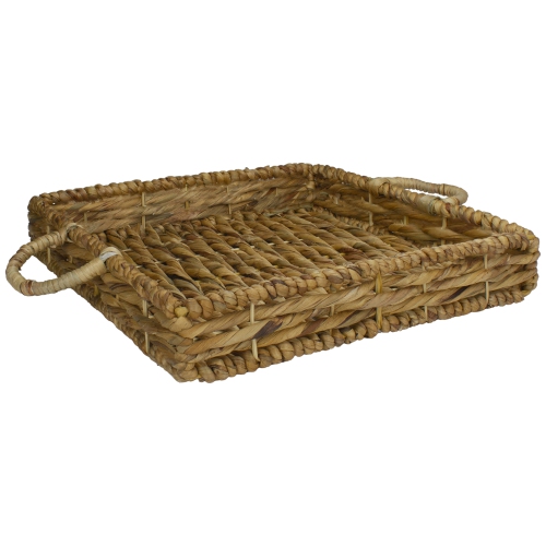 Set of 3 Square Natural Woven Water Hyacinth Serving Trays with Handles 16"