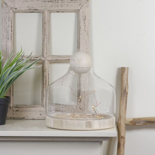 Photophore en verre transparent de 12,5 po avec couvercle et base en bois