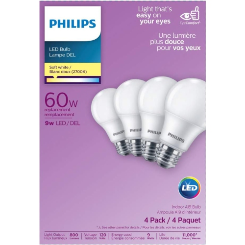 PHILIPS  Led 60W A19 Soft Non Dimmable(2700K)-4 Pack(Packing May Vary) In White