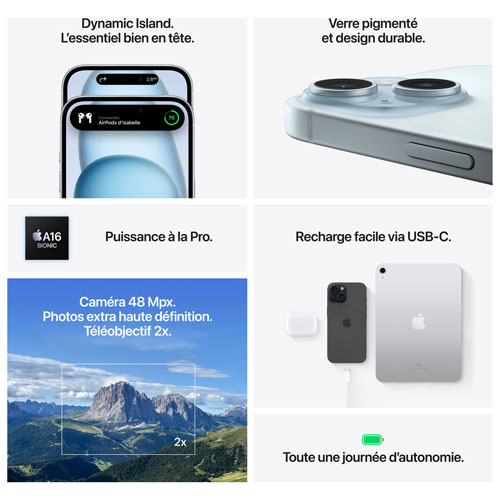 iPhone 15 de 128 Go d'Apple offert par Virgin Plus - Bleu - Financement mensuel
