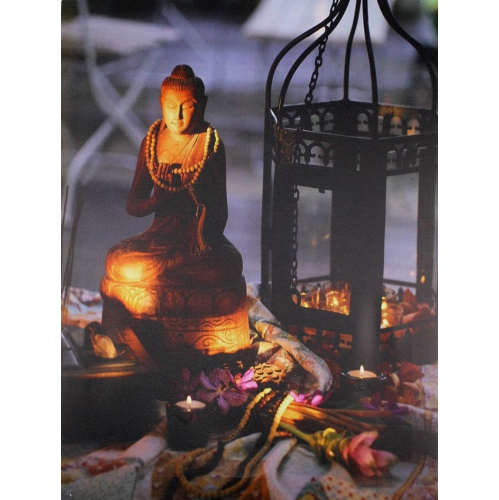 15.75" LED Flickering Candles in a Metal Lantern with Buddha Wall Art
