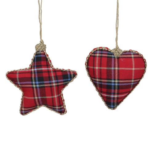 Set of 2 Red Plaid Heart and Star Shatterproof Christmas Ornaments 5"