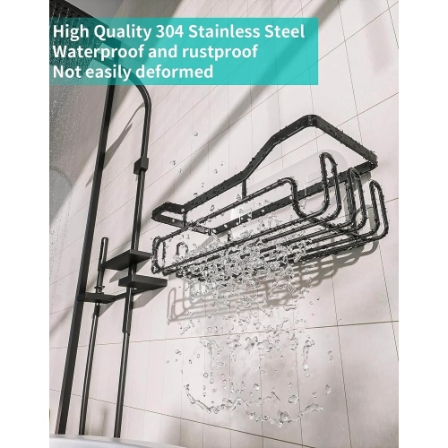 Stainless Steel Black Shower Caddy with 11 Hooks - Wall Mounted Bathroom Organizer for Razor and Shampoo - No Drilling Shower Shelf with Adhesive