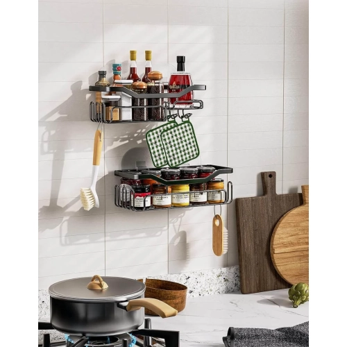 Stainless Steel Black Shower Caddy with 11 Hooks - Wall Mounted Bathroom Organizer for Razor and Shampoo - No Drilling Shower Shelf with Adhesive