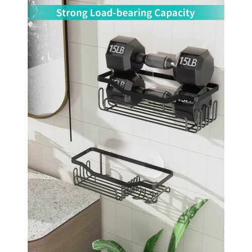 Stainless Steel Black Shower Caddy with 11 Hooks - Wall Mounted Bathroom Organizer for Razor and Shampoo - No Drilling Shower Shelf with Adhesive