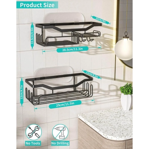 Stainless Steel Black Shower Caddy with 11 Hooks - Wall Mounted Bathroom Organizer for Razor and Shampoo - No Drilling Shower Shelf with Adhesive