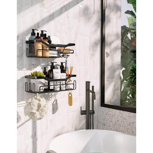 Stainless Steel Black Shower Caddy with 11 Hooks - Wall Mounted Bathroom Organizer for Razor and Shampoo - No Drilling Shower Shelf with Adhesive