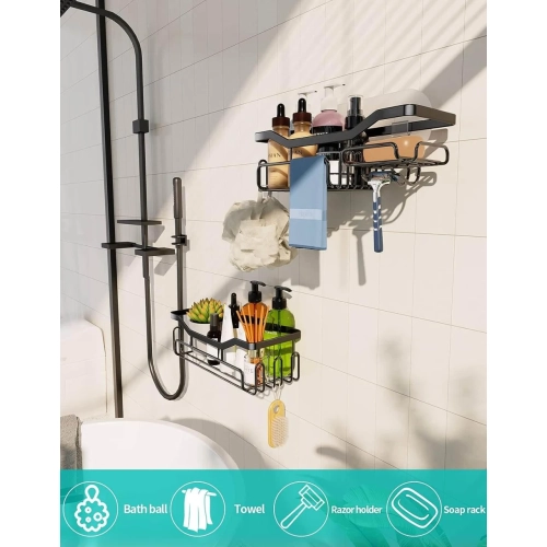 Stainless Steel Black Shower Caddy with 11 Hooks - Wall Mounted Bathroom Organizer for Razor and Shampoo - No Drilling Shower Shelf with Adhesive