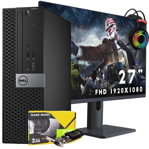 DELL  Refurbished (Good) - Optiplex 7050 Sff (Core I7 7Th Gen|New 27" Fhd Monitor|32GB Ram|2Tb SSD|Win 10 Pro| Gt 1030| Gaming Headset) Desktop PC