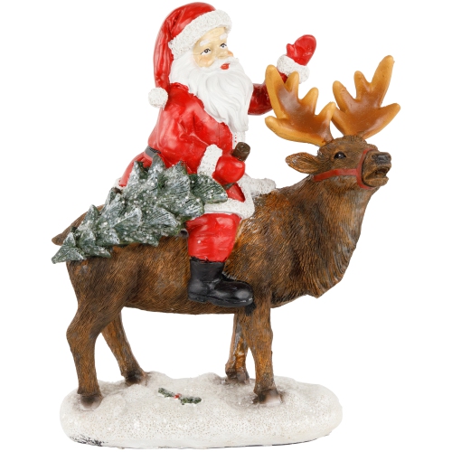 Santa Claus on a Reindeer Holding a Frosted Pine Tree Christmas Figurine - 8.25"