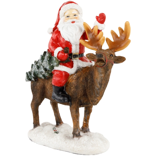 Santa Claus on a Reindeer Holding a Frosted Pine Tree Christmas Figurine - 8.25"