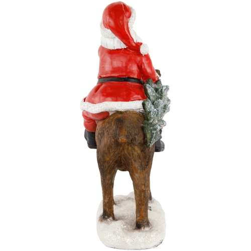 Santa Claus on a Reindeer Holding a Frosted Pine Tree Christmas Figurine - 8.25"