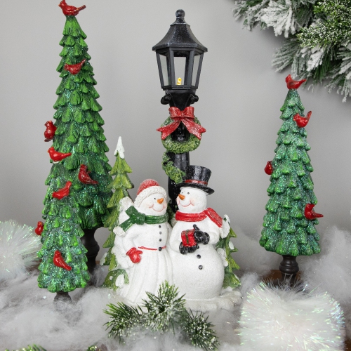 Glittered Snow Couple Under Lighted Street Lamp Christmas Decoration - 14"
