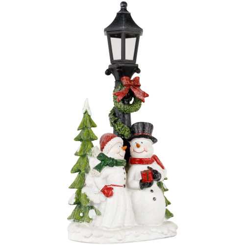 Glittered Snow Couple Under Lighted Street Lamp Christmas Decoration - 14"