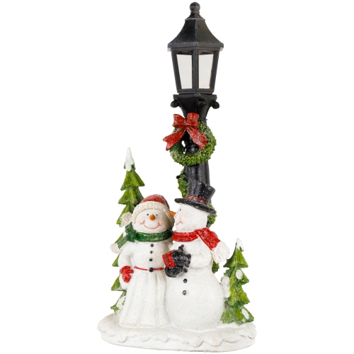 Glittered Snow Couple Under Lighted Street Lamp Christmas Decoration - 14"