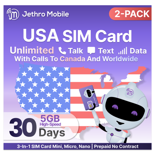 JETHRO MOBILE  Prepaid Usa Travel Sim Card, 4G Lte High-Speed Data, Unlimited Talk And Text, No Contract, 1 Month (2 Pack)