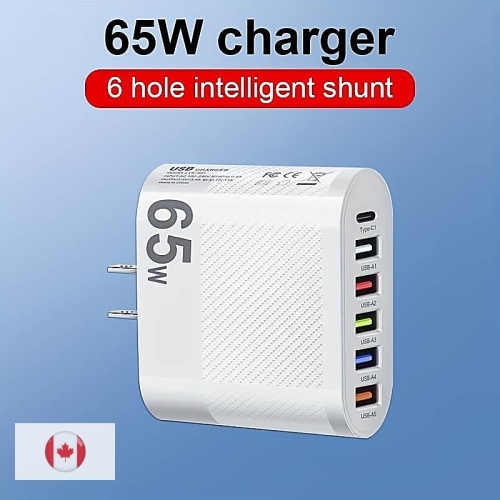 6 Ports 65W PD fast wall charger block universal lightening for iPhone iPad Samsung LG OnePlus Google Pixel Android Apple watch