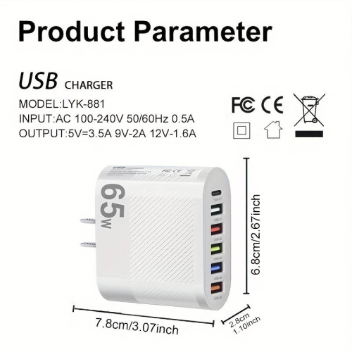 6 Ports 65W PD fast wall charger block universal lightening for iPhone iPad Samsung LG OnePlus Google Pixel Android Apple watch