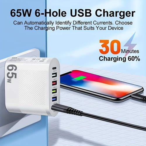6 Ports 65W PD fast wall charger block universal lightening for iPhone iPad Samsung LG OnePlus Google Pixel Android Apple watch