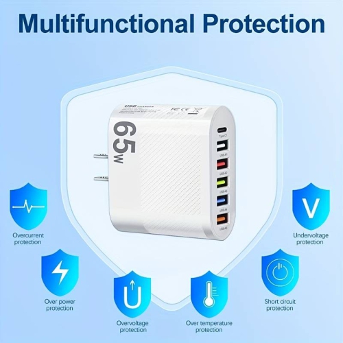 6 Ports 65W PD fast wall charger block universal lightening for iPhone iPad Samsung LG OnePlus Google Pixel Android Apple watch