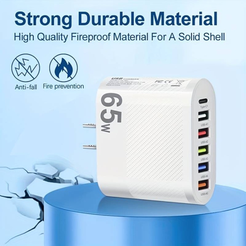 6 Ports 65W PD fast wall charger block universal lightening for iPhone iPad Samsung LG OnePlus Google Pixel Android Apple watch