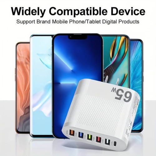 6 Ports 65W PD fast wall charger block universal lightening for iPhone iPad Samsung LG OnePlus Google Pixel Android Apple watch