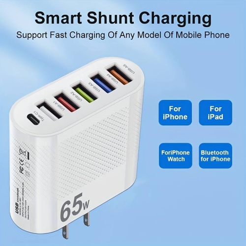 6 Ports 65W PD fast wall charger block universal lightening for iPhone iPad Samsung LG OnePlus Google Pixel Android Apple watch