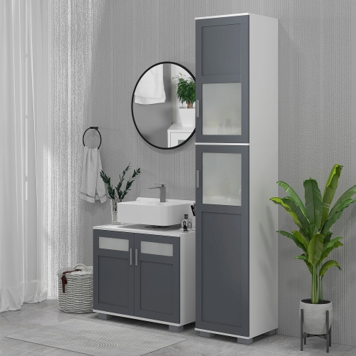 Armoire de rangement kleankin pour salle de bain de 75 po, armoire étroite pour salle de bain avec 2 armoires, portes en verre mat et tablettes