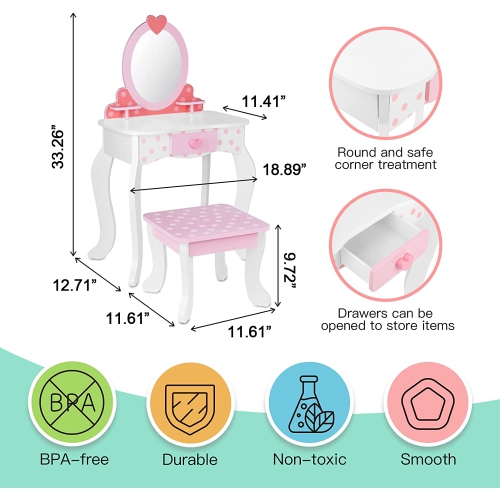 Ensemble de coiffeuse en bois pour enfants TOOKYLAND - Table de maquillage avec miroir et chaise, jouet de jeu factice pour tout-petits de 3 ans et