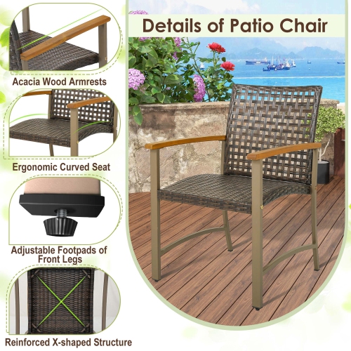 Costway Set of 4 Patio Dining Chairs Outdoor Wicker Armchairs with Acacia Wood Armrests