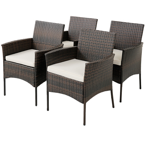 COSTWAY  Set Of 4 Patio Rattan Dining Chairs Cushioned Seat Curved Armrests Outdoor Porch
