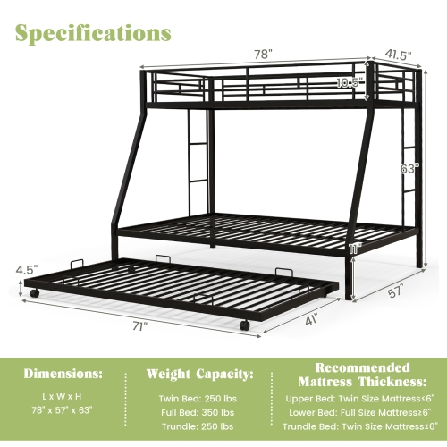 Costway Twin Over Full Metal Bunk Bed With Trundle Slats Support for Teens Adults Black