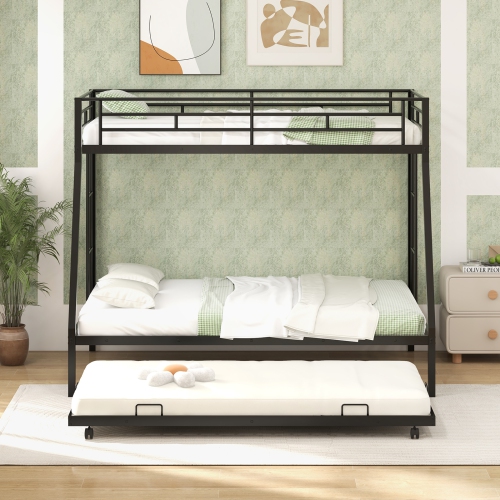 Costway Twin Over Full Metal Bunk Bed With Trundle Slats Support for Teens Adults Black