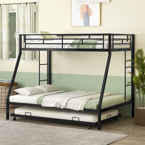 Costway Twin Over Full Metal Bunk Bed With Trundle Slats Support for Teens Adults Black