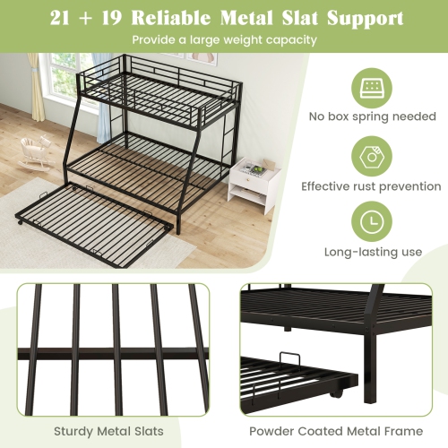 Costway Twin Over Full Metal Bunk Bed With Trundle Slats Support for Teens Adults Black