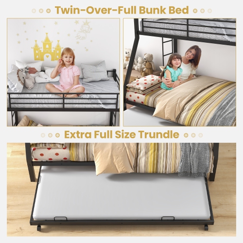 Costway Twin Over Full Metal Bunk Bed With Trundle Slats Support for Teens Adults Black