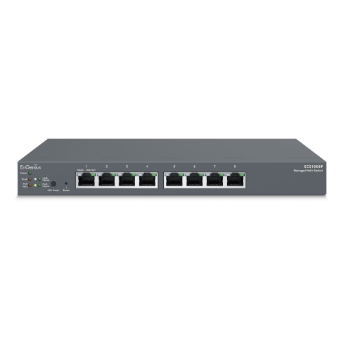 EnGenius 8-Port Cloud Managed Desktop Gigabit L2 PoE Switch, 802.3af, 55W-(ECS1008P)