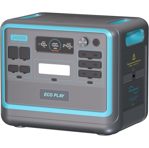 Eco Play Portable Power Station with 2048Wh LiFePO4 Battery, 6 AC 2400W Outputs, Fully Charged in 2 Hours, UPS, Adjustable Input Power, Solar