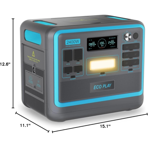 Eco Play Portable Power Station with 2048Wh LiFePO4 Battery, 6 AC 2400W Outputs, Fully Charged in 2 Hours, UPS, Adjustable Input Power, Solar