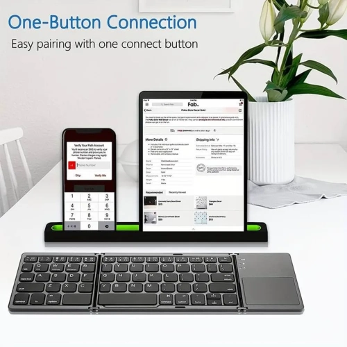 Wireless Folding Keyboard with Touchpad for Windows, Android, iOS. Multi-functional buttons, compact design. Effortless typing on phones and tablets
