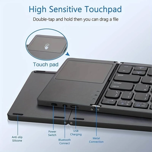 Wireless Folding Keyboard with Touchpad for Windows, Android, iOS. Multi-functional buttons, compact design. Effortless typing on phones and tablets