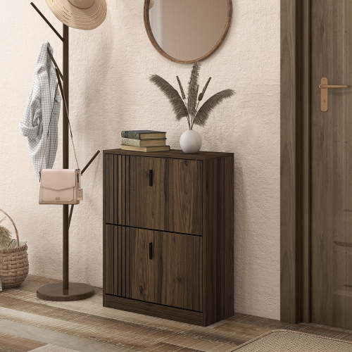 HOMCOM Narrow Shoe Cabinet with 2 Flip Drawers, Rustic Shoe Storage Cabinet with Adjustable Shelves for Entryway, Hallway, Walnut