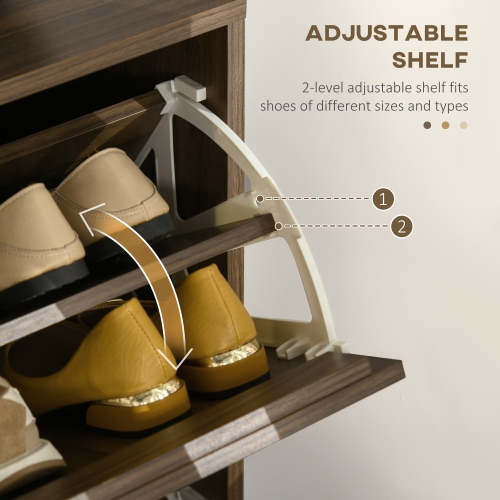 HOMCOM Narrow Shoe Cabinet with 2 Flip Drawers, Rustic Shoe Storage Cabinet with Adjustable Shelves for Entryway, Hallway, Walnut