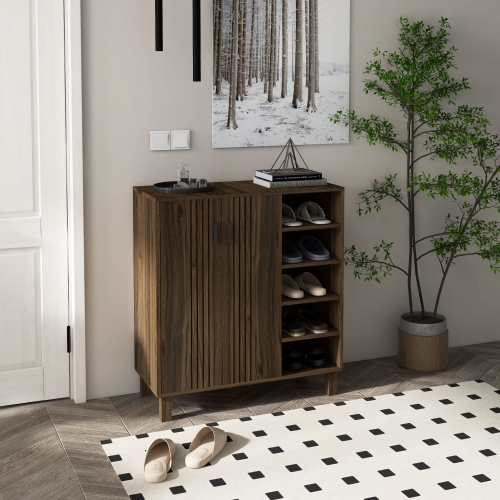 HOMCOM – Armoire à chaussures moderne avec 2 portes et 5 compartiments ouverts, 17 paire d'armoires de rangement pour chaussures avec tablettes
