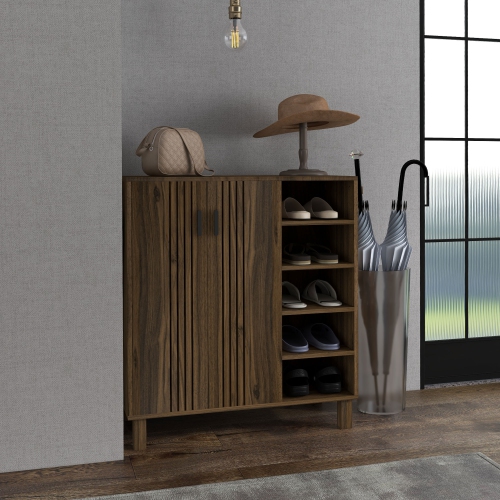 HOMCOM – Armoire à chaussures moderne avec 2 portes et 5 compartiments ouverts, 17 paire d'armoires de rangement pour chaussures avec tablettes