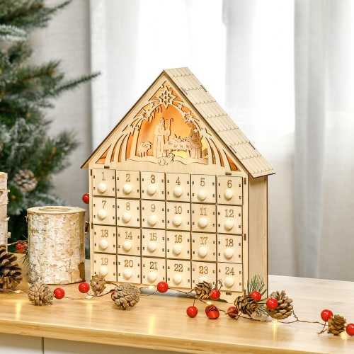 HOMCOM Wooden Christmas Advent Calendar, Lighted 24 Days Xmas Calendar House, Christmas Table Decoration with Countdown Drawers, Bible Characters,