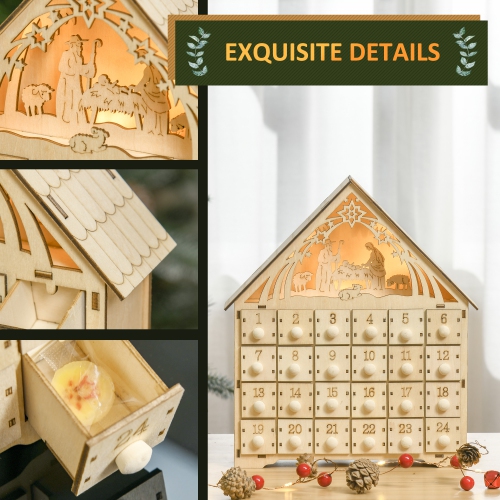 HOMCOM Wooden Christmas Advent Calendar, Lighted 24 Days Xmas Calendar House, Christmas Table Decoration with Countdown Drawers, Bible Characters,