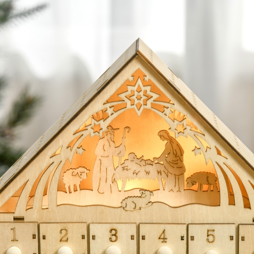 HOMCOM Wooden Christmas Advent Calendar, Lighted 24 Days Xmas Calendar House, Christmas Table Decoration with Countdown Drawers, Bible Characters,