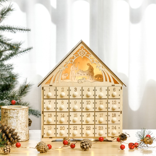 HOMCOM Wooden Christmas Advent Calendar, Lighted 24 Days Xmas Calendar House, Christmas Table Decoration with Countdown Drawers, Bible Characters,