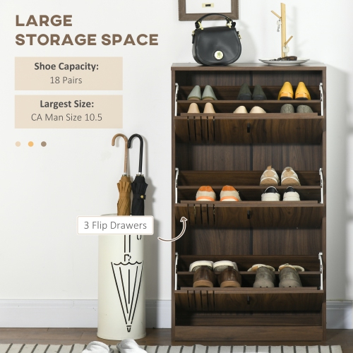 HOMCOM Shoe Cabinet, Rustic Shoe Storage Cabinet with 3 Flip Drawers and Adjustable Shelves for 18 Pairs for Entryway, Hallway, Walnut